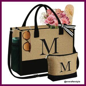 Personalized Jute Tote Bag with Makeup Pouch Elegant Monogram Embroidery Gift
